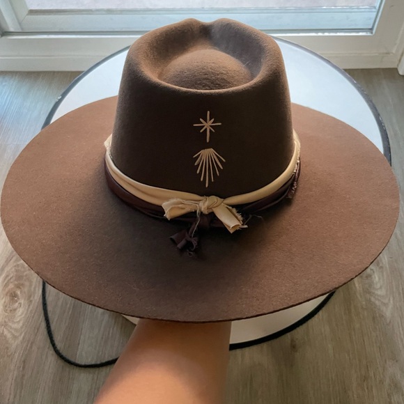 wyeth austin brown cashmere wool oversized brim silk tie western fedora hat NEW